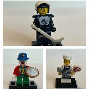 Lego Collectible Minifigures: Hockey Player, Small Clown, Butcher